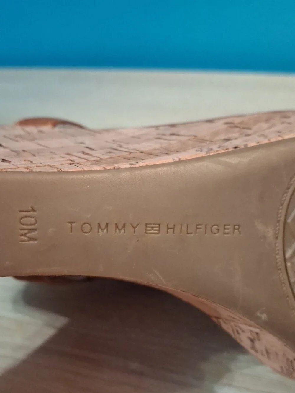 Tommy Hilfiger Monor Tan Leather Cork Wedge Sandals with Gold Hardware